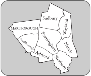 Towns bordering Framingham, MA (USA)